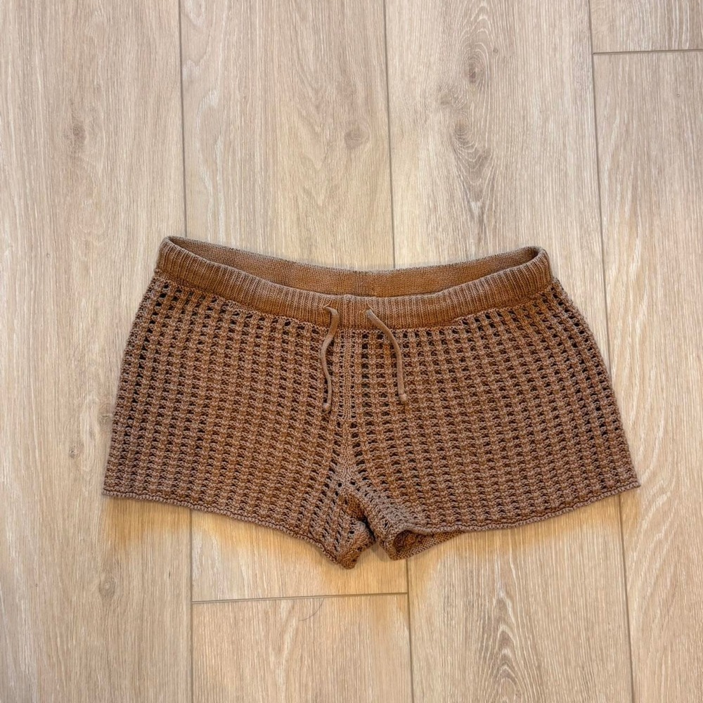 Rust Brown Knit/Crocheted Beach Cover Up Shorts with Drawstring.